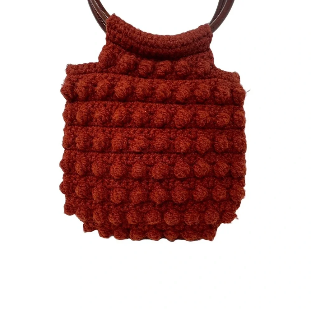Crochet Purse‎ Women's Vintage Burnt Orange Bobble Bag Plastic Circle Handles